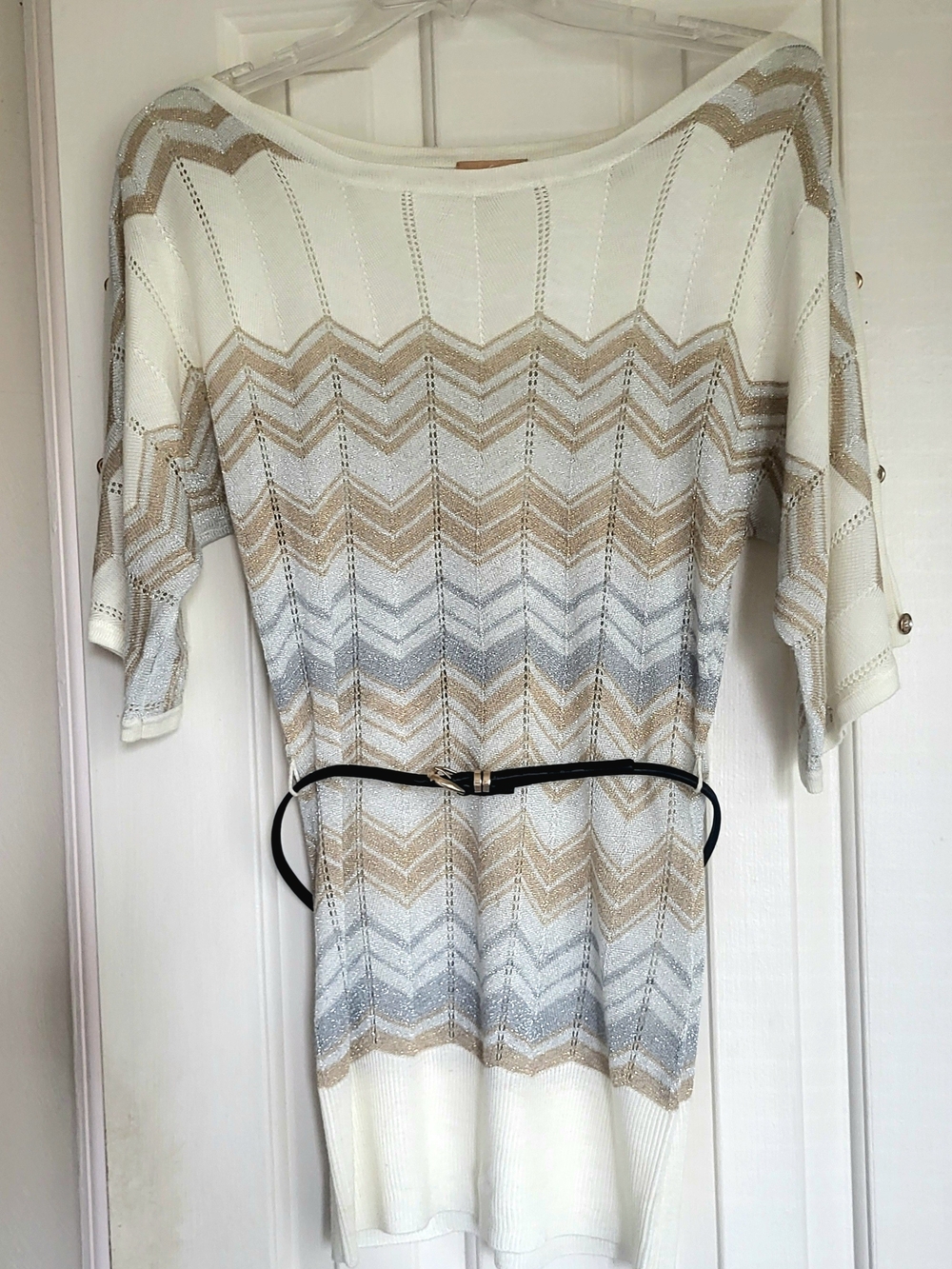 Women’s Cream Metallic Chevron Gold Silver Knit Tunic Top w/Belt